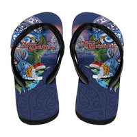 New Zealand Merry Christmas Flip Flops Maori Tribal Pattern with Xmas Tui Bird