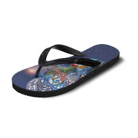 New Zealand Merry Christmas Flip Flops Maori Tribal Pattern with Xmas Tui Bird