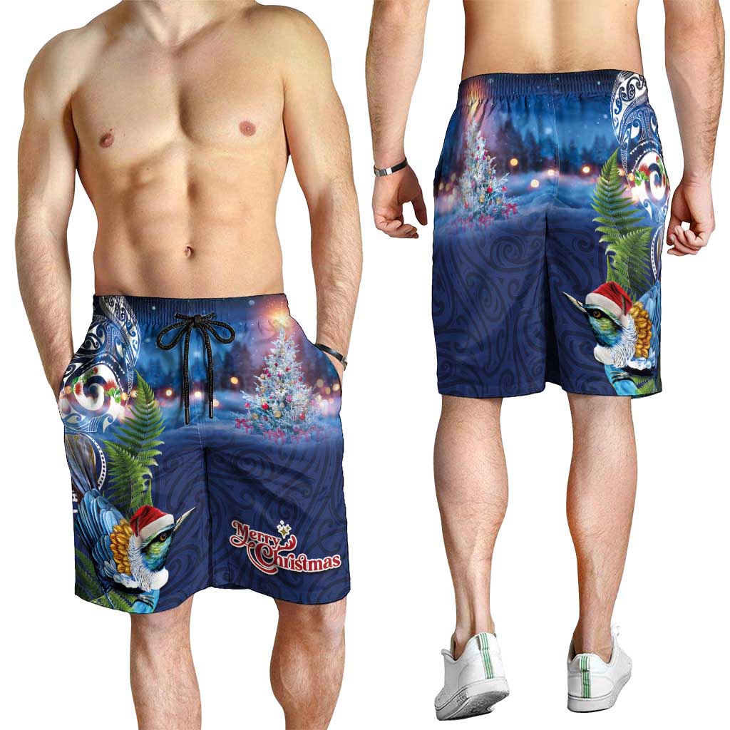 New Zealand Merry Christmas Shorts for Men Maori Tribal Pattern with Xmas Tui Bird LT03 - Polynesian Pride