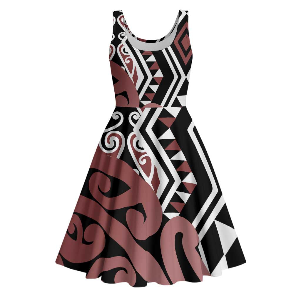 New Zealand Midi Dress Aotearoa Kowhaiwhai Mix Taniko Art - Brown