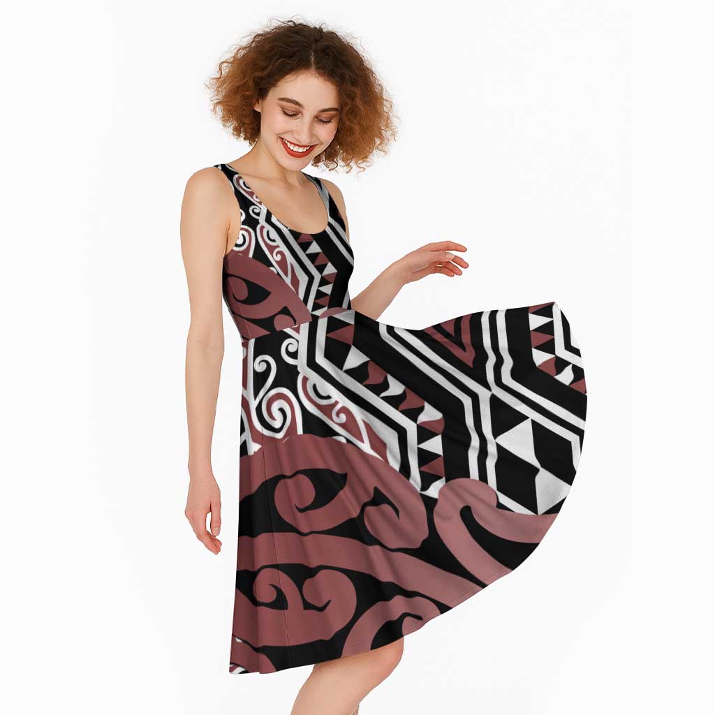 New Zealand Midi Dress Aotearoa Kowhaiwhai Mix Taniko Art - Brown