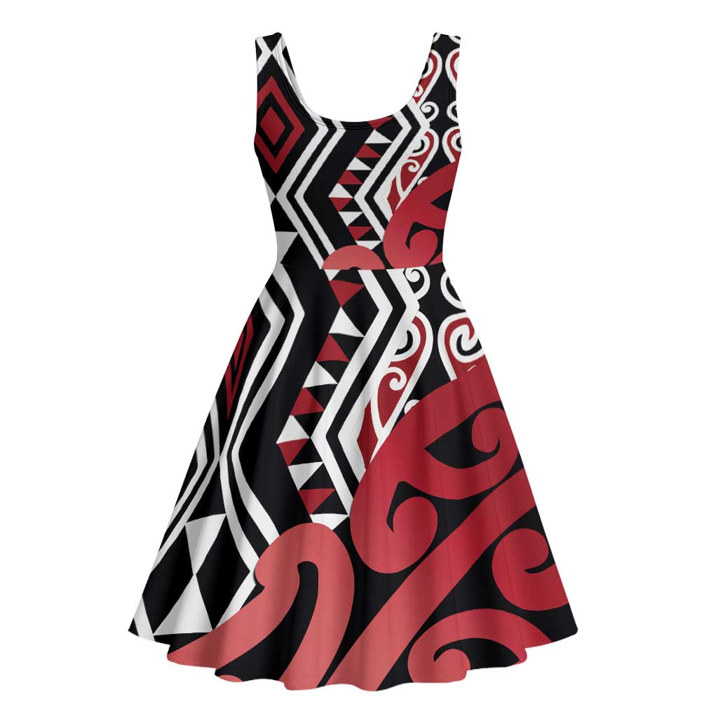 New Zealand Midi Dress Aotearoa Kowhaiwhai Mix Taniko Art - Red LT14 - Polynesian Pride