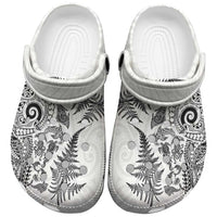 New Zealand Sea Animals Clogs Shoes with Maori Koru Tribal Tattoo and Silver Ferns White Color