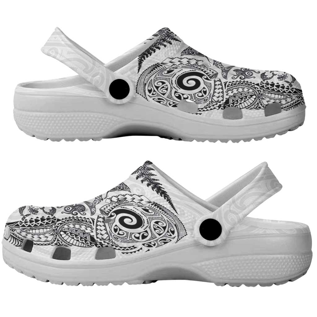 New Zealand Sea Animals Clogs Shoes with Maori Koru Tribal Tattoo and Silver Ferns White Color