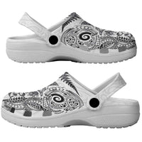 New Zealand Sea Animals Clogs Shoes with Maori Koru Tribal Tattoo and Silver Ferns White Color