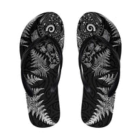 New Zealand Sea Animals Flip Flops with Maori Koru Tribal Tattoo and Silver Ferns Black Color