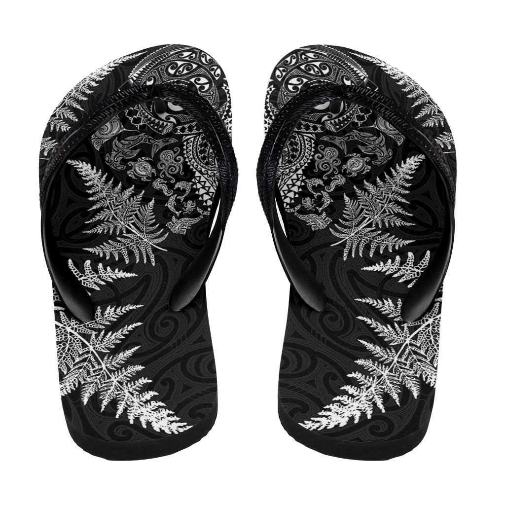 New Zealand Sea Animals Flip Flops with Maori Koru Tribal Tattoo and Silver Ferns Black Color