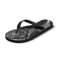 New Zealand Sea Animals Flip Flops with Maori Koru Tribal Tattoo and Silver Ferns Black Color