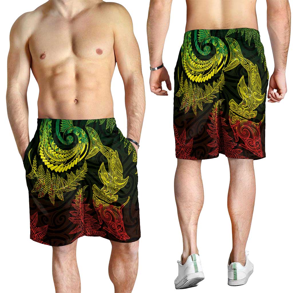 New Zealand Sea Animals with Maori Tribal Tattoo Shorts for Men Shark Manta Ray with Silver Fern Reggae