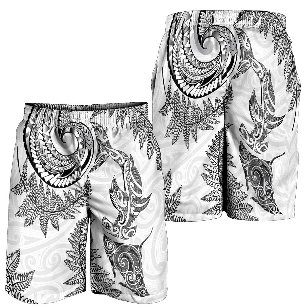 New Zealand Sea Animals with Maori Tribal Tattoo Shorts for Men Shark Manta Ray with Silver Fern White
