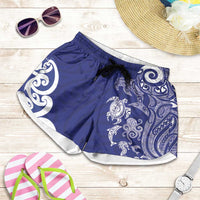 New Zealand Sea Animals with Maori Tribal Tattoo Shorts for Women Blue Color