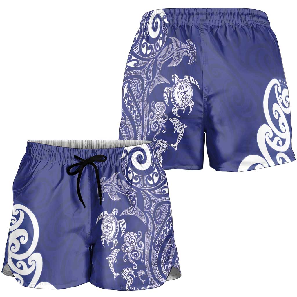 New Zealand Sea Animals with Maori Tribal Tattoo Shorts for Women Blue Color