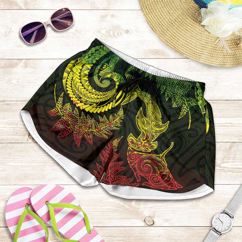 New Zealand Sea Animals with Maori Tribal Tattoo Shorts for Women Shark Manta Ray with Silver Fern Reggae