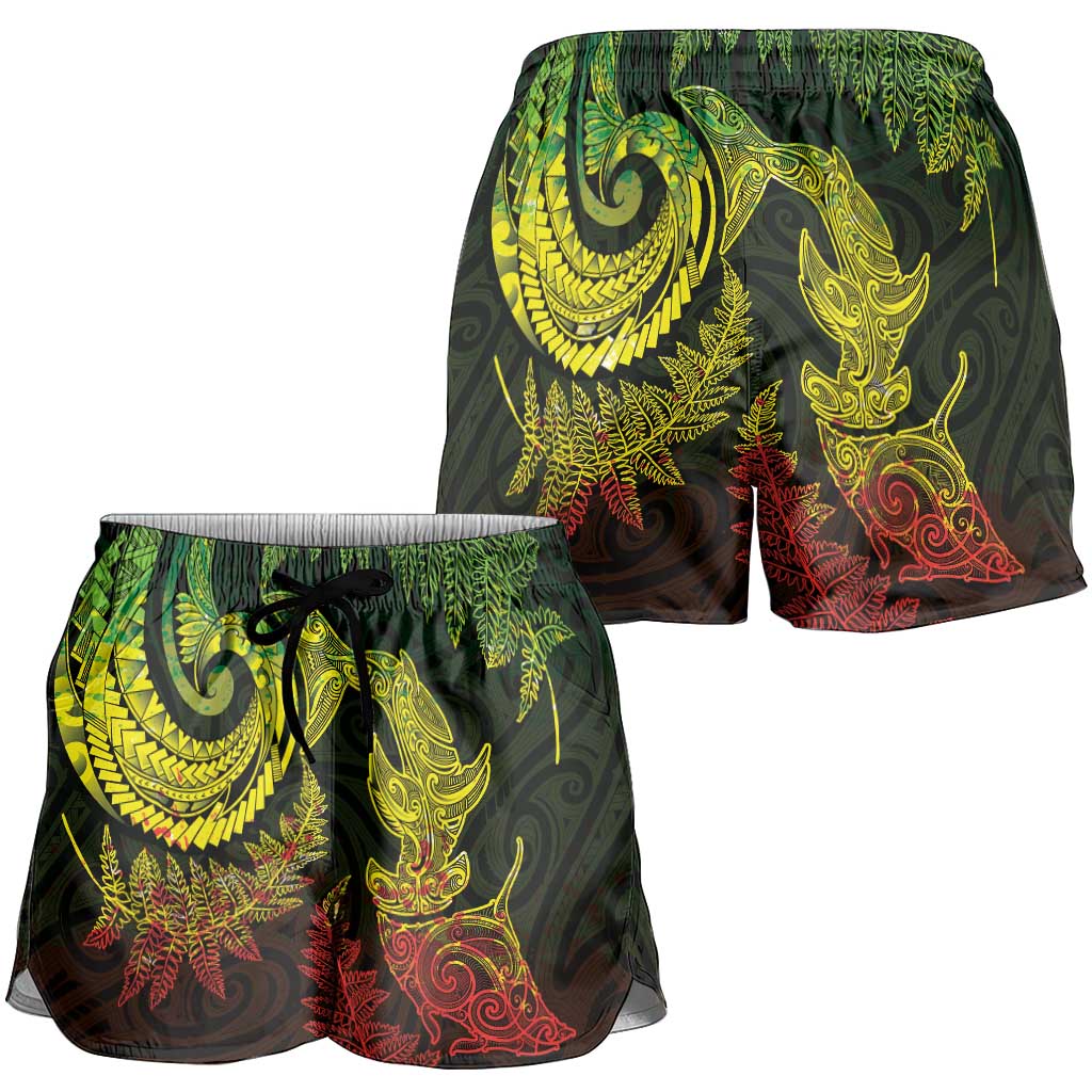 New Zealand Sea Animals with Maori Tribal Tattoo Shorts for Women Shark Manta Ray with Silver Fern Reggae