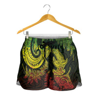 New Zealand Sea Animals with Maori Tribal Tattoo Shorts for Women Shark Manta Ray with Silver Fern Reggae