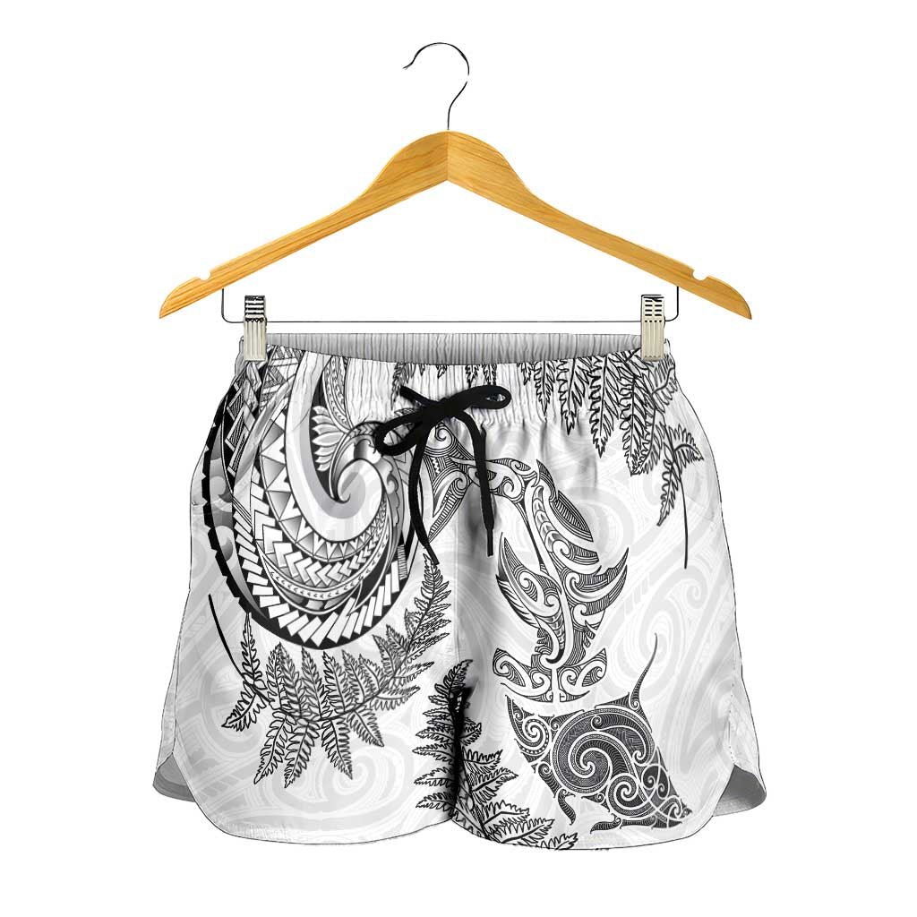 New Zealand Sea Animals with Maori Tribal Tattoo Shorts for Women Shark Manta Ray with Silver Fern White