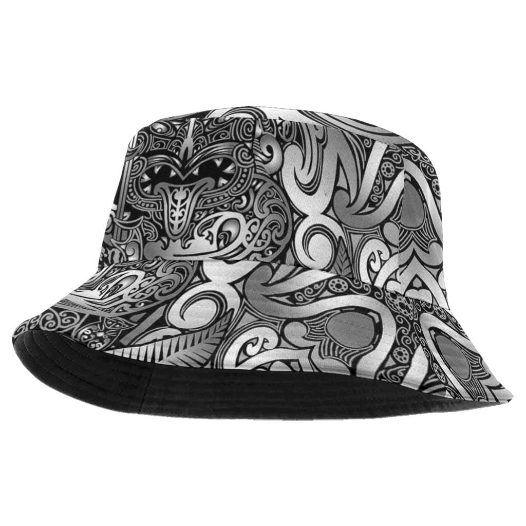 New Zealand Taiaha Maori Bucket Hat Kiwikiwi Minimalist Silver Fern Tukutuku Motif