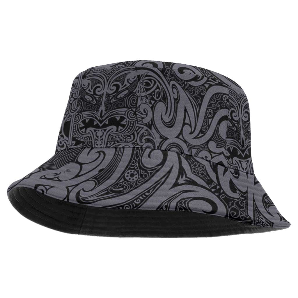 New Zealand Taiaha Maori Bucket Hat Minimalist Silver Fern All Black LT09