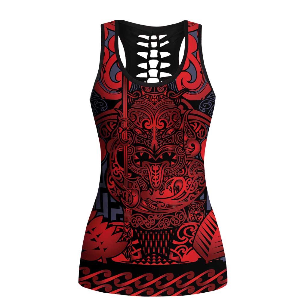 New Zealand Taiaha Maori Hollow Tank Top Whero Minimalist Silver Fern Tukutuku Motif