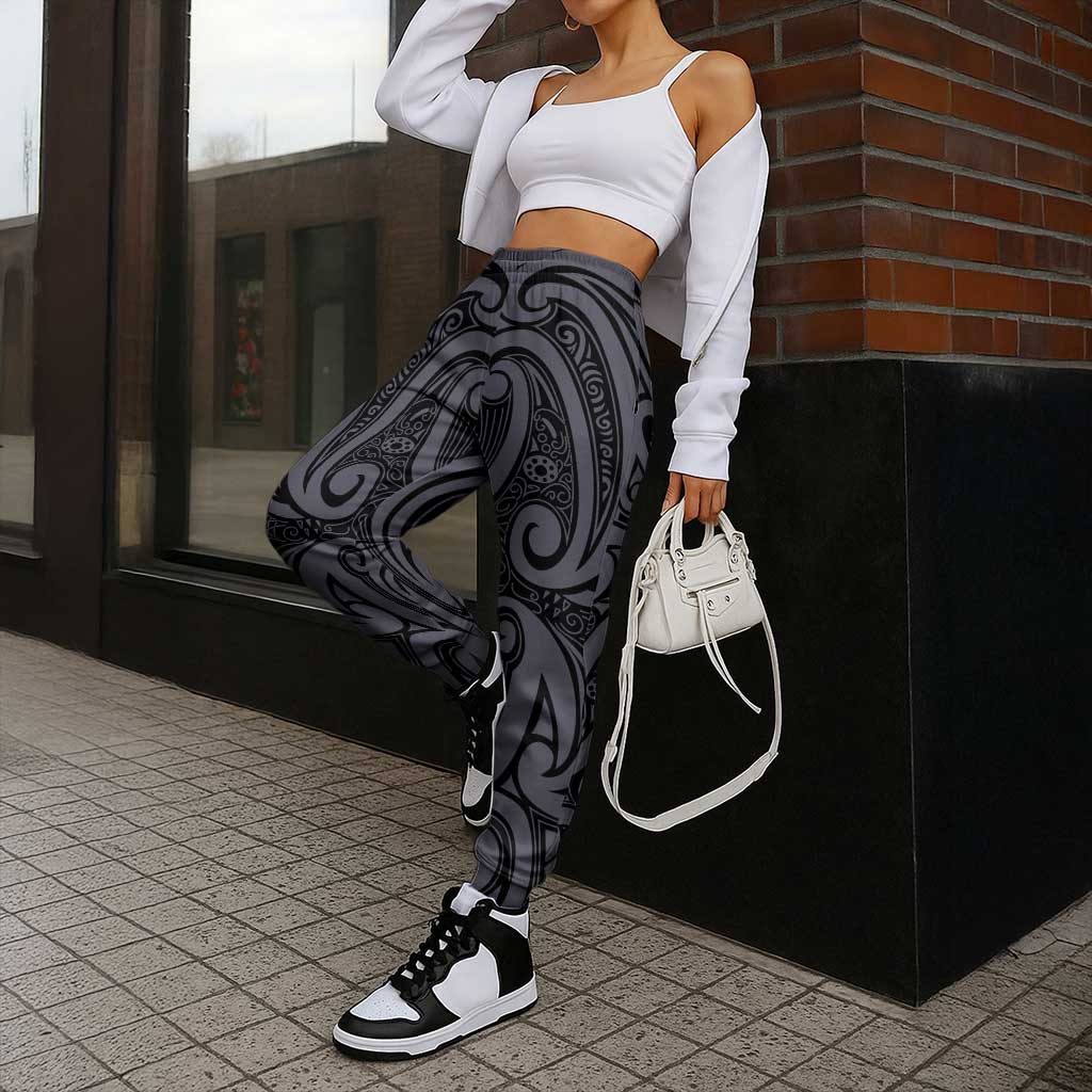 New Zealand Taiaha Maori Jogger Pants Minimalist Silver Fern All Black - Polynesian Pride