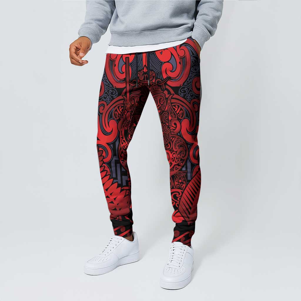 New Zealand Taiaha Maori Jogger Pants Whero Minimalist Silver Fern Tukutuku Motif