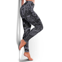 New Zealand Taiaha Maori Leggings Minimalist Silver Fern All Black LT09