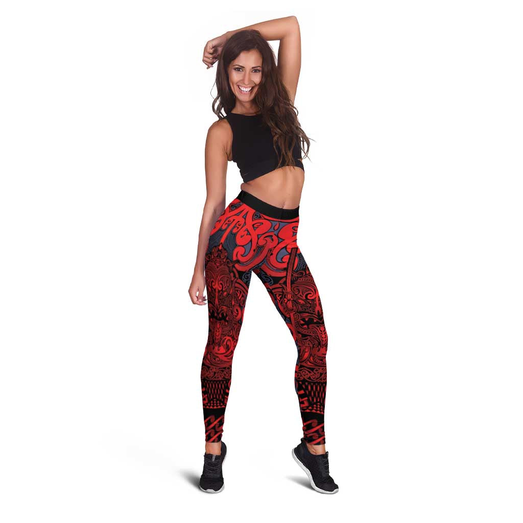 New Zealand Taiaha Maori Leggings Whero Minimalist Silver Fern Tukutuku Motif