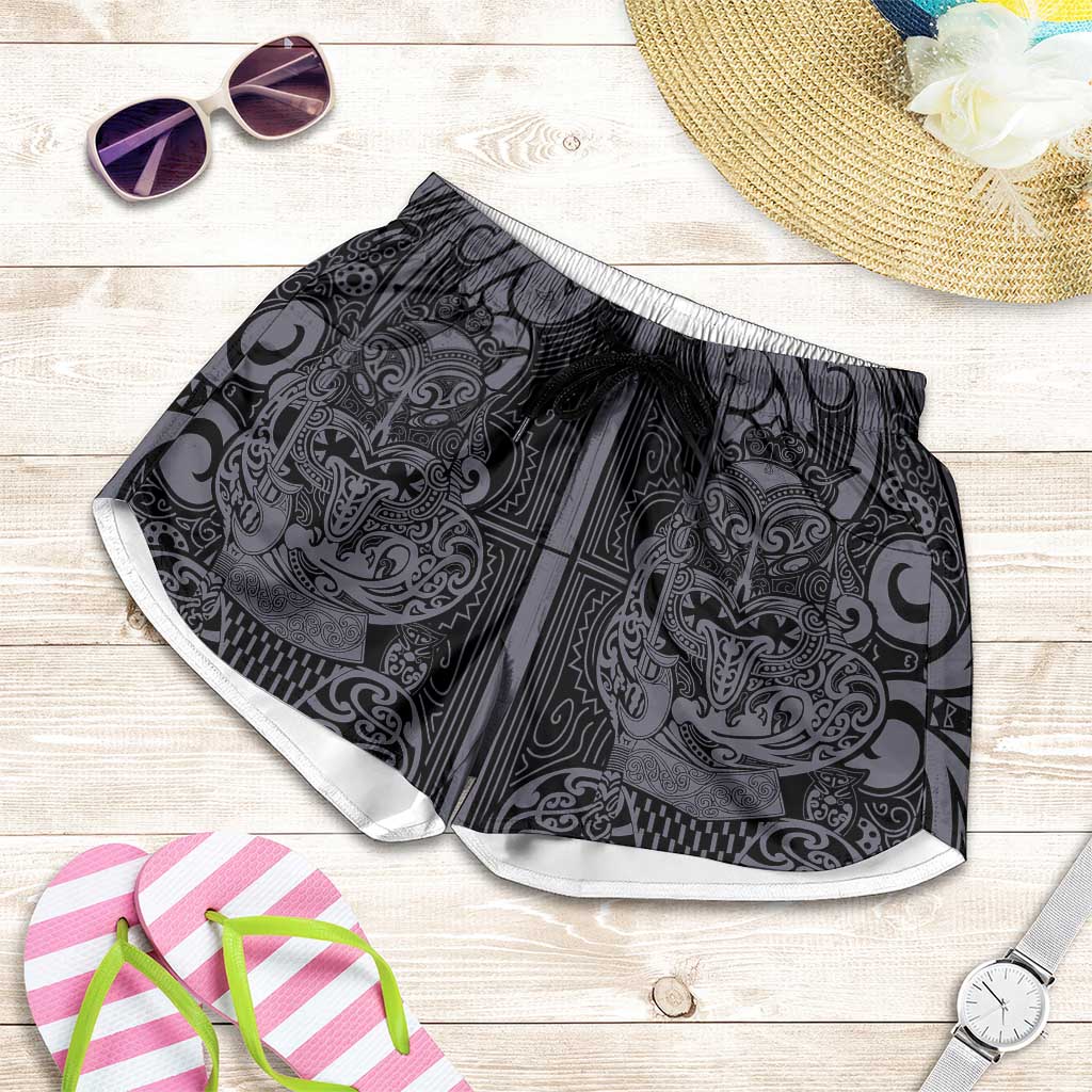 New Zealand Taiaha Maori Shorts for Women Minimalist Silver Fern All Black