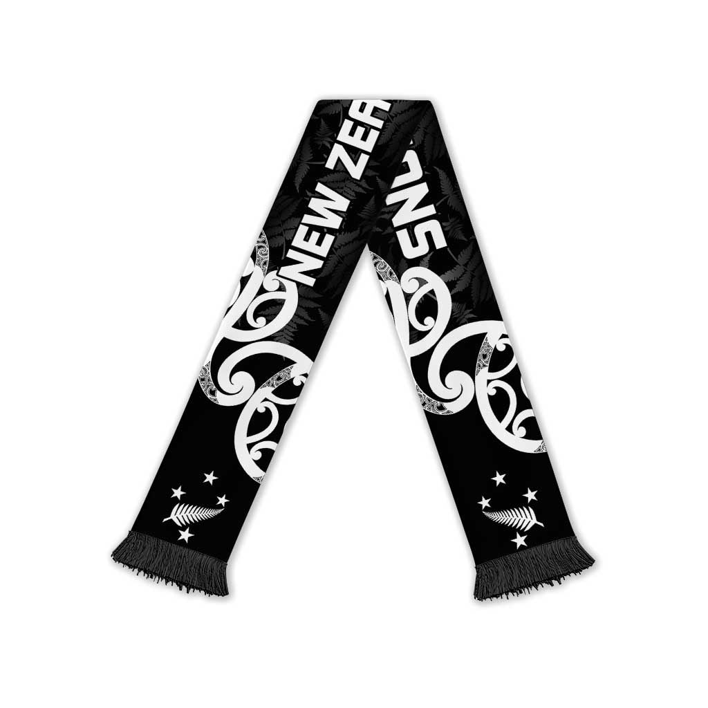 New Zealand WC2026 Black Soccer Scarf Silver Fern LT7 Black Fringe One Size Black - Polynesian Pride