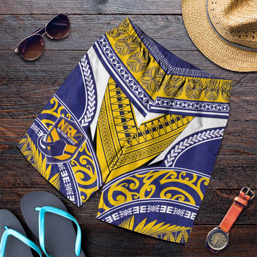 Niue Rugby Shorts for Men Hiapo Tribal Heritage Tattoos Blue Color - Polynesian Pride