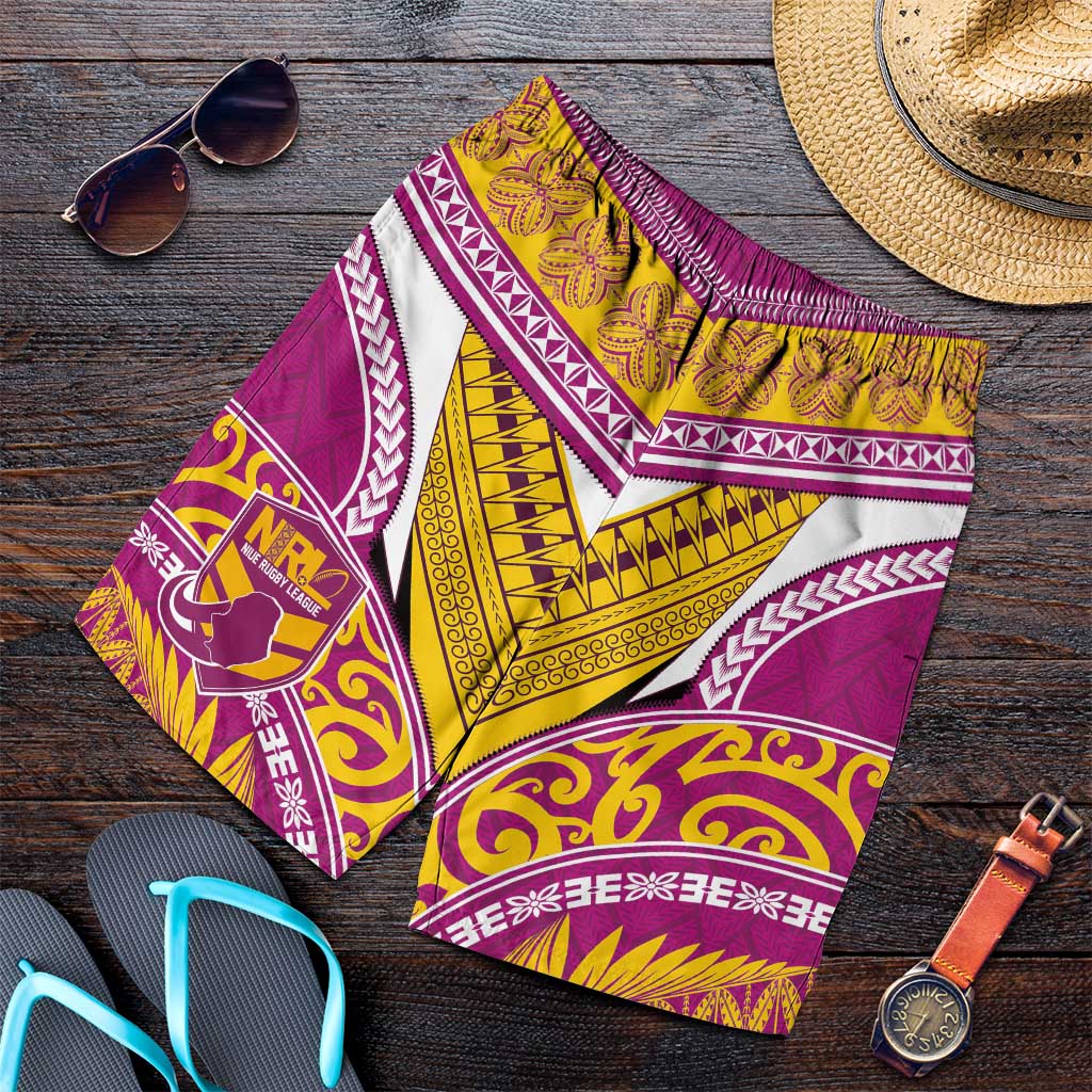 Niue Rugby Shorts for Men Hiapo Tribal Heritage Tattoos Pink Color - Polynesian Pride