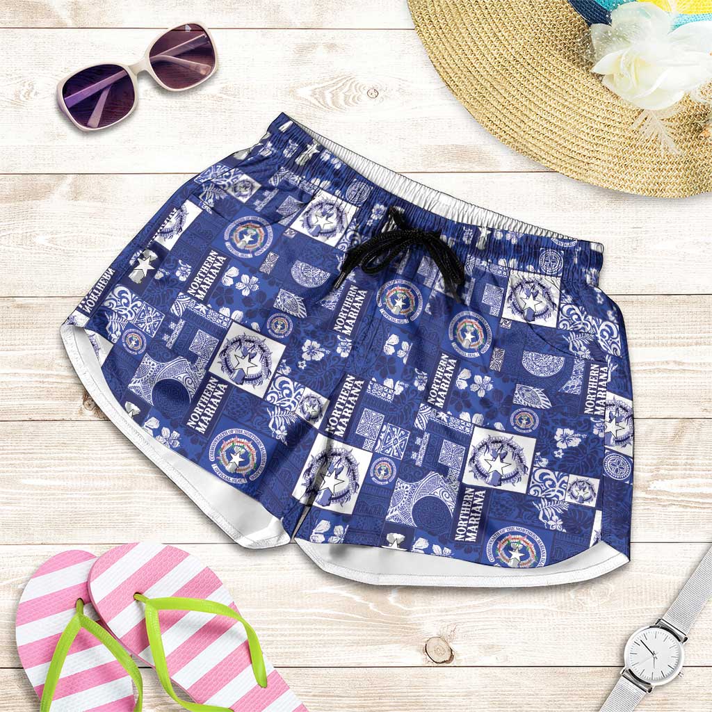 Northern Mariana Islands Magof Nochebuena Shorts for Women Pacific Patchwork Xmas Vibes LT9 Blue - Polynesian Pride