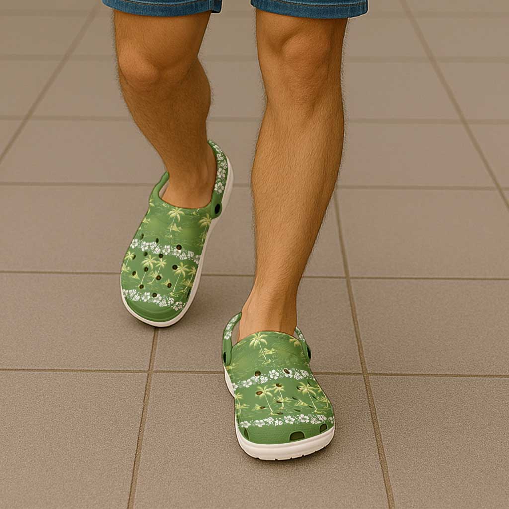 Olive Green Hawaii Palm Tree Hibiscus Clogs Shoes Fantasy Summer Vibe LT01 - Polynesian Pride
