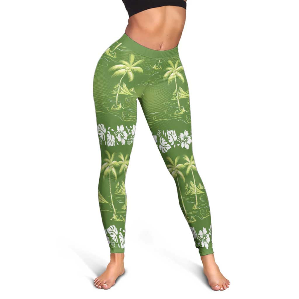 Olive Green Hawaii Palm Tree Hibiscus Leggings Fantasy Summer Vibe LT01 - Polynesian Pride