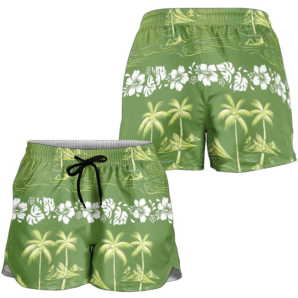 Olive Green Hawaii Palm Tree Hibiscus Shorts for Women Fantasy Summer Vibe LT01 - Polynesian Pride