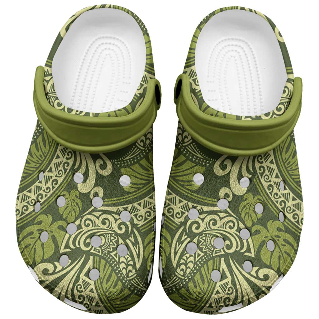 Olive Green Monstera Clogs Shoes Polynesian Tribal Pattern LT01 Green - Polynesian Pride