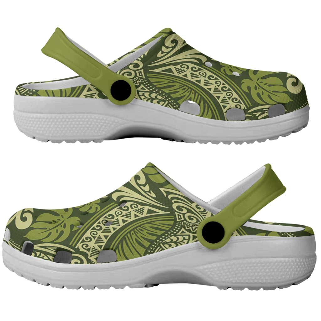 Olive Green Monstera Clogs Shoes Polynesian Tribal Pattern LT01 - Polynesian Pride