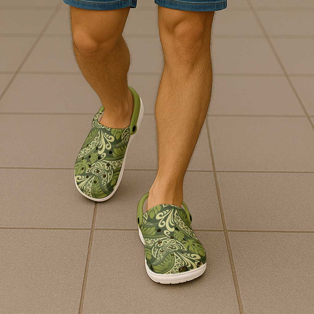 Olive Green Monstera Clogs Shoes Polynesian Tribal Pattern LT01 - Polynesian Pride