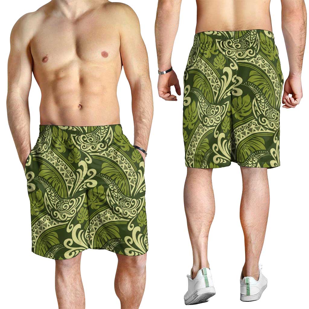 Olive Green Monstera Shorts for Men Polynesian Tribal Pattern LT01 - Polynesian Pride