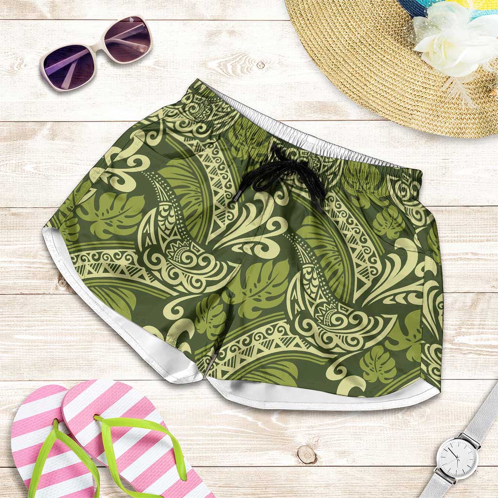 Olive Green Monstera Shorts for Women Polynesian Tribal Pattern LT01 Green - Polynesian Pride