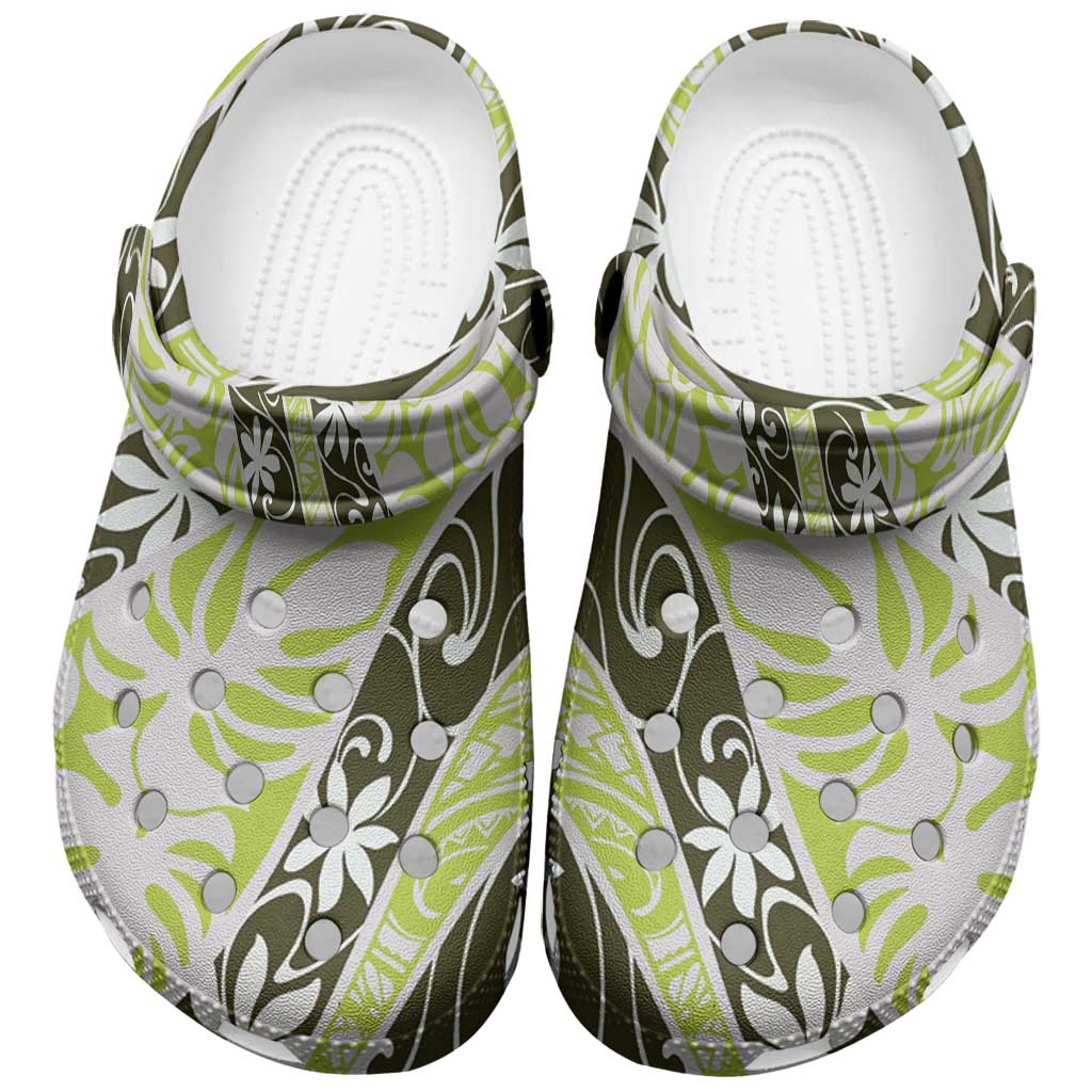 Olive Tahiti Tiare Monstera Clogs Shoes Polynesian Pattern Curve Style - Polynesian Pride