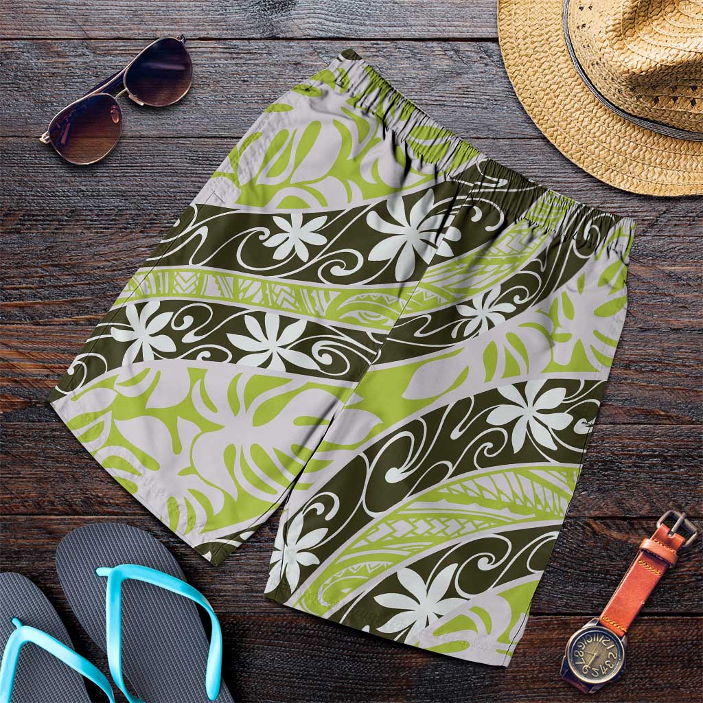Olive Tahiti Tiare Monstera Shorts for Men Polynesian Pattern Curve Style - Polynesian Pride