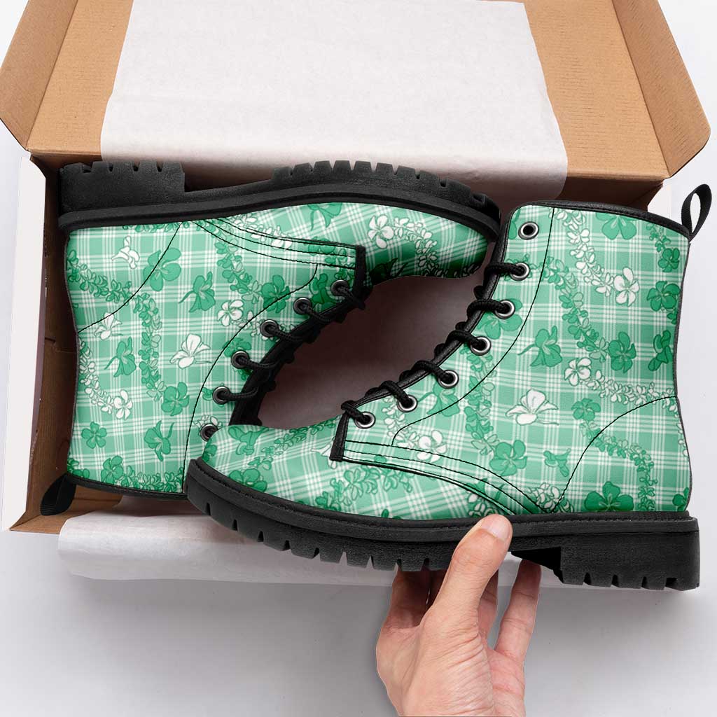 Omaomao Aloha Hawaii Leather Boots Plumeria Lei With Palaka Motif - Polynesian Pride