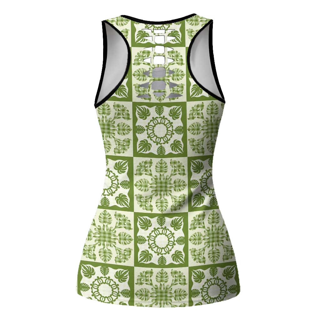 Omaomao Palaka Quilt Hawaii Hollow Tank Top Hawaiian Tropical Monstera Sea Turtle