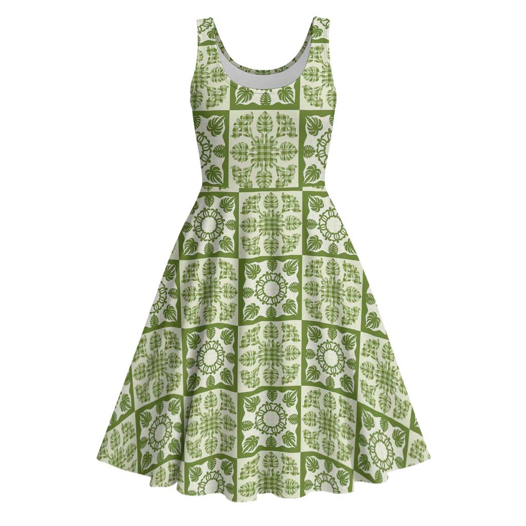 Omaomao Palaka Quilt Hawaii Midi Dress Hawaiian Tropical Monstera Sea Turtle LT14 Green - Polynesian Pride
