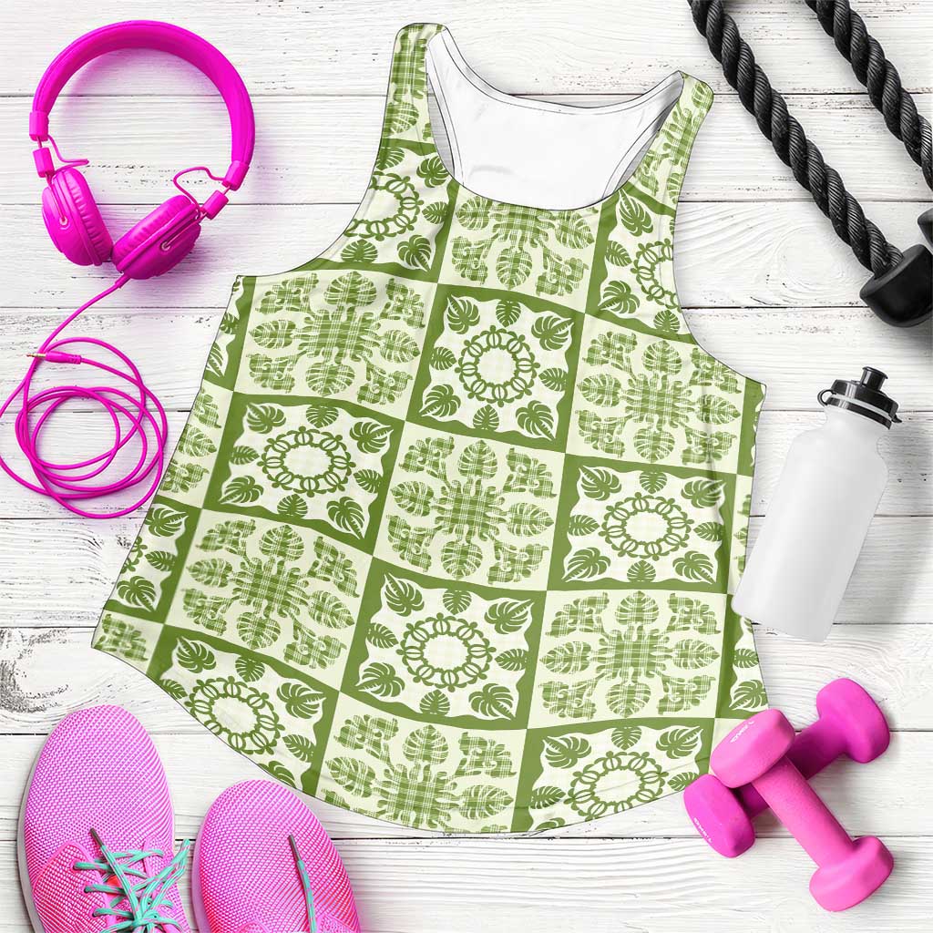 Omaomao Palaka Quilt Hawaii Women Racerback Tank Hawaiian Tropical Monstera Sea Turtle