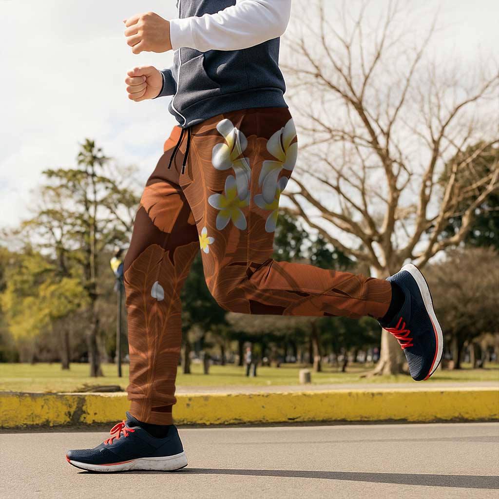 Orange Banana Leaf Hawaii Jogger Pants Lau Maia Plumeria Tropical Summer Vibes