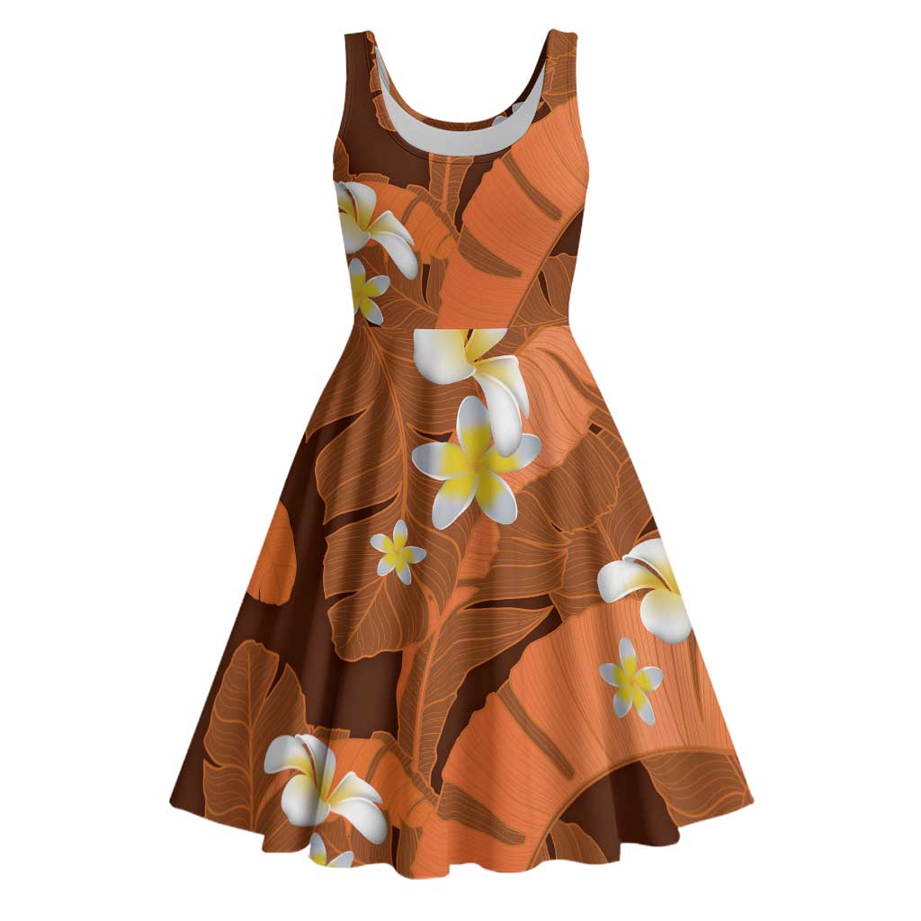 Orange Banana Leaf Hawaii Midi Dress Lau Maia Plumeria Tropical Summer Vibes LT14 Orange - Polynesian Pride