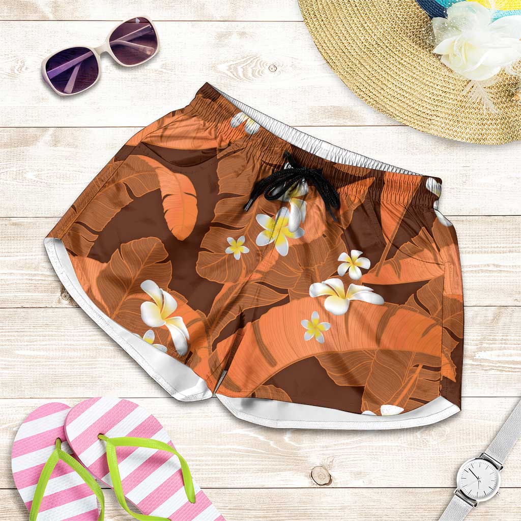 Orange Banana Leaf Hawaii Shorts for Women Lau Maia Plumeria Tropical Summer Vibes LT14 Orange - Polynesian Pride