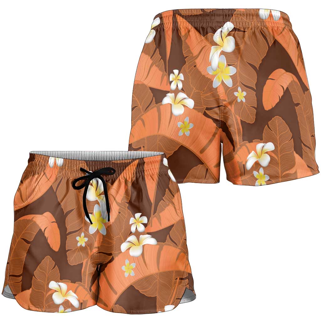 Orange Banana Leaf Hawaii Shorts for Women Lau Maia Plumeria Tropical Summer Vibes